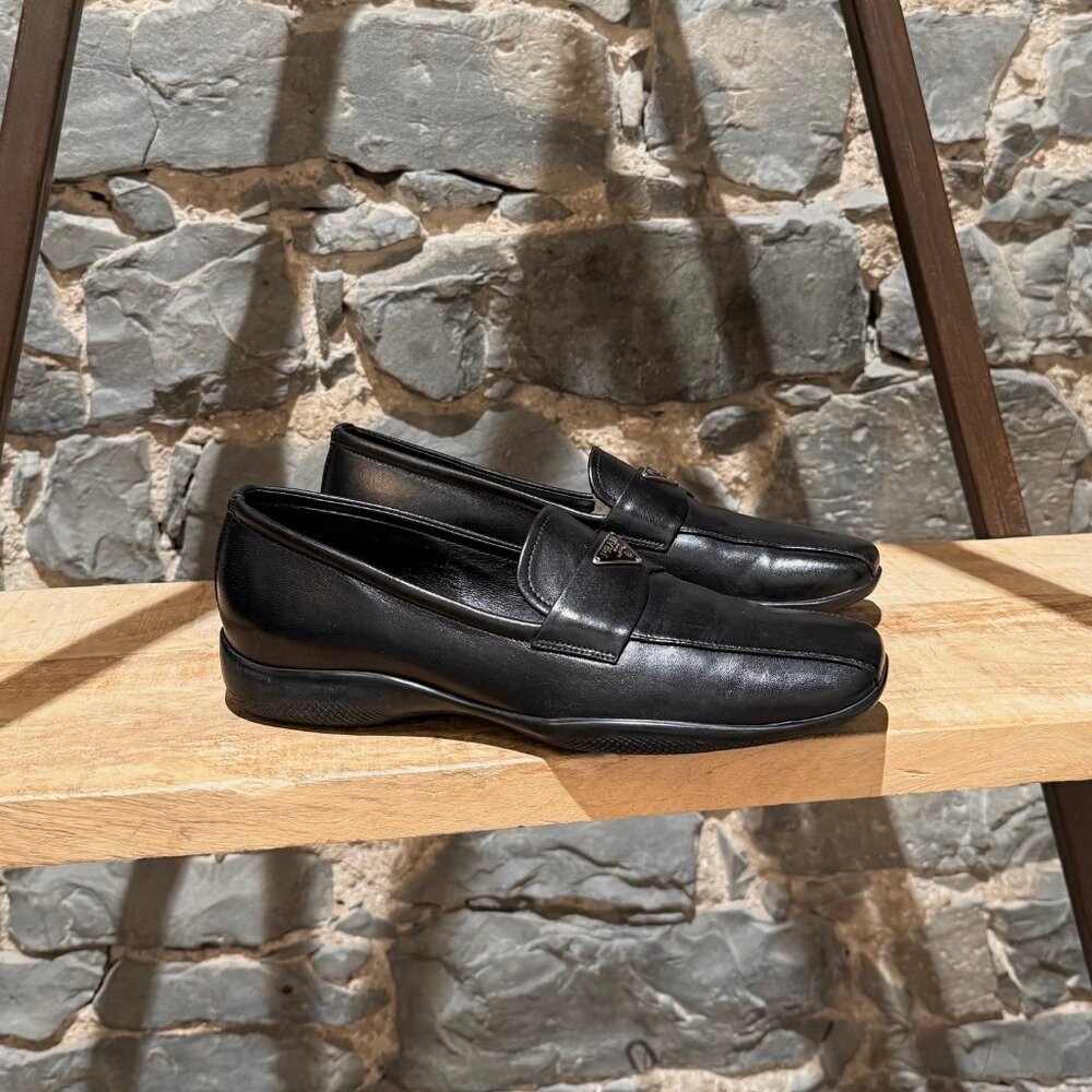 Prada Linea Rossa Black Leather Triangle Emblem Loafers